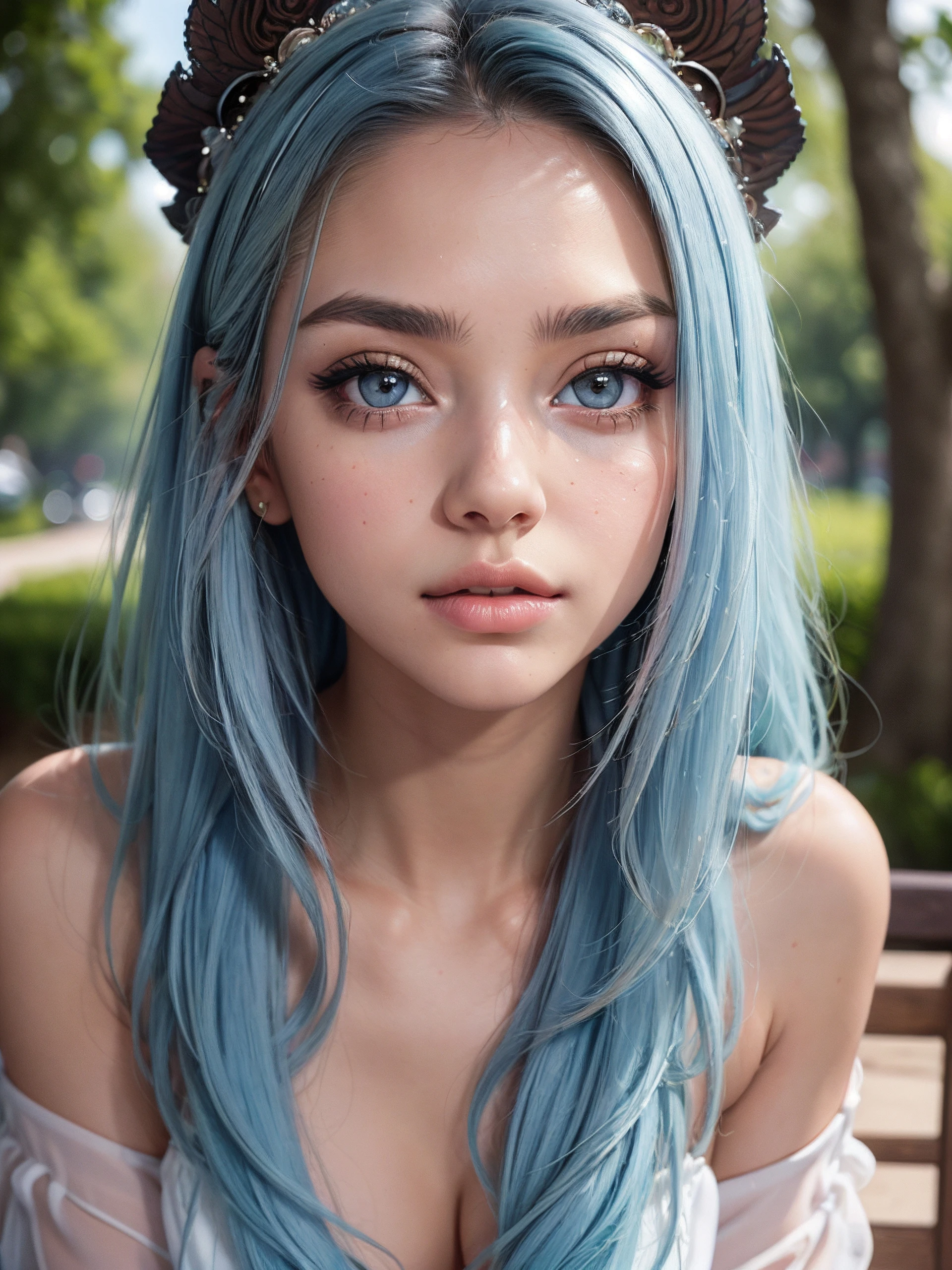 (best quality, masterpiece:1.2), photorealistic, ultra high res, intricate detail, Exquisite details and textures, (beautiful detailed eyes), reflections in eyes, symmetrical eyes, (beautifully detailed face), detailed lips:1, detailed iris, detailed skin:1, absurdres, dynamic angle, dynamic pose, sfw clothing, (1girl, 18yo, most beautiful, cute, (gorgeous face), eyeliner, blush, big lips, long blue hair, big mixed eyes, slim waist, narrow shoulders, short torso, soft thighs), outdoor scene