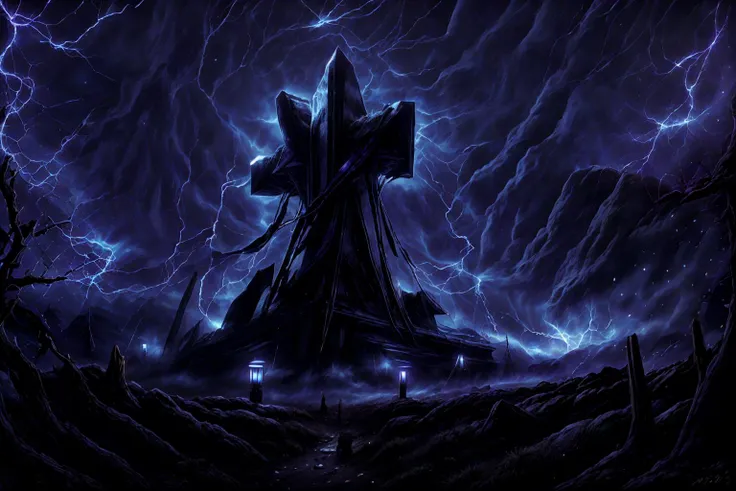 masterpiece:1.2, best quality:1.2, highres:1.2,
cloudy sky, night, night sky, dark, blue full moon, heavy fog, looking at forest, nature, outdoors, banshee in forest. silhouette of banshee, <hypernet:grimForge_v10:0.5>, holding lantern with blue light, <lora:detailed_notrigger:1>, fireflies:1.3, <lora:last:1>, <lora:more_details:0.7>, light dots, blue accent lights, vibrant blue sapphire, stalagmite, <lora:Siren_Head:1> , siren head, purple lightning, <lora:GemstoneAI:1> , GemstoneAI, view from below,