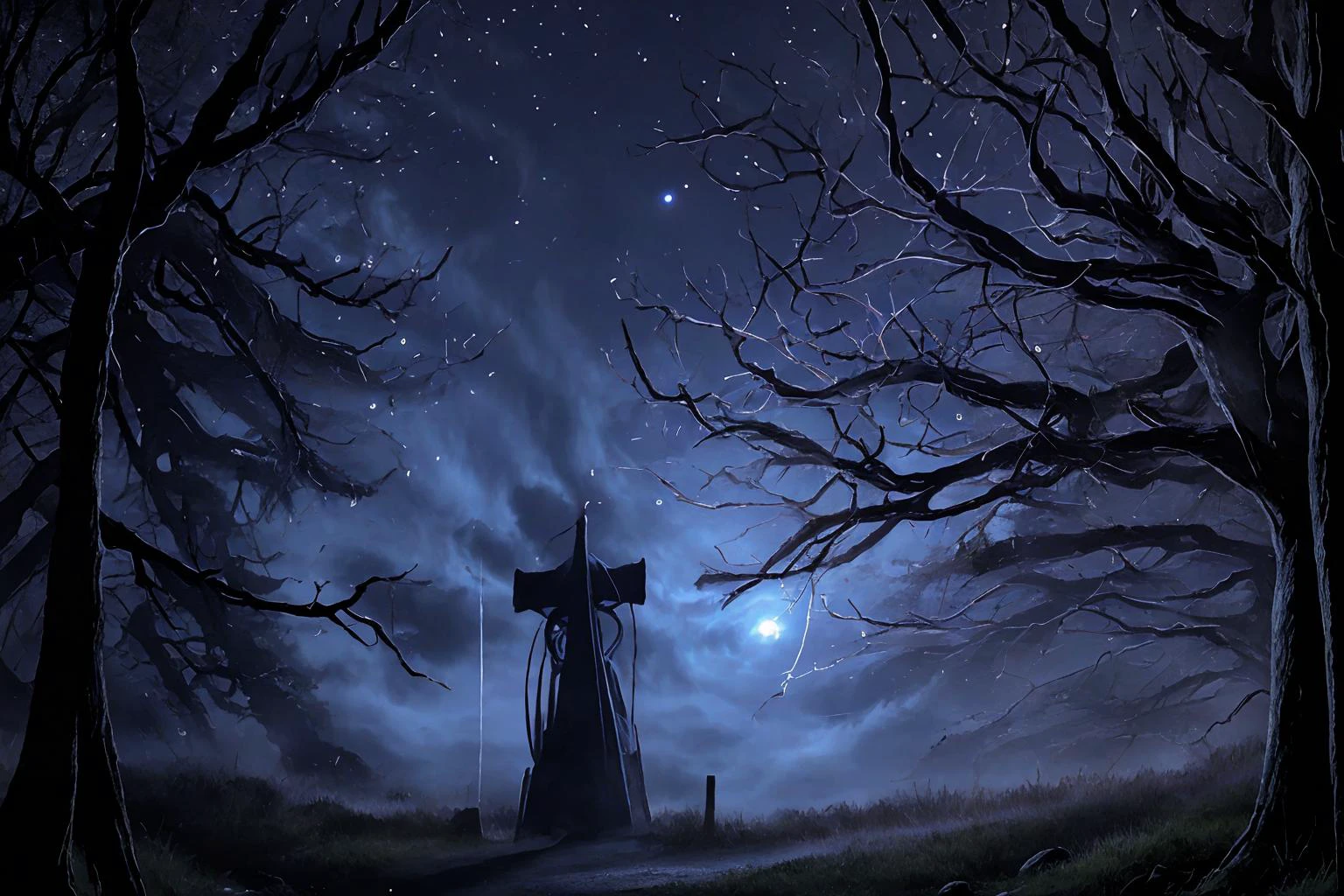 masterpiece:1.2, best quality:1.2, highres:1.2,
cloudy sky, night, night sky, dark, blue full moon, heavy fog, dense forest, nature, outdoors, no human. banshee in the distance, <hypernet:grimForge_v10:0.5>, holding lantern with blue light, <lora:detailed_notrigger:1>, <lora:last:0.4>, <lora:Siren_Head:1.3> , siren head, fireflies,