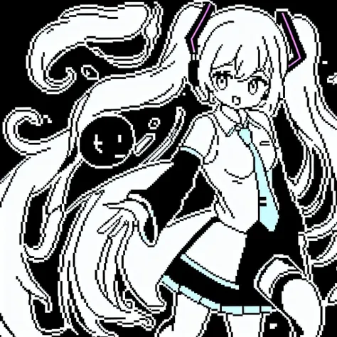 kuro_gane, pixel_art, 1girl, solo, monochrome, black and white, transparent background, mikudef, dynamic pose