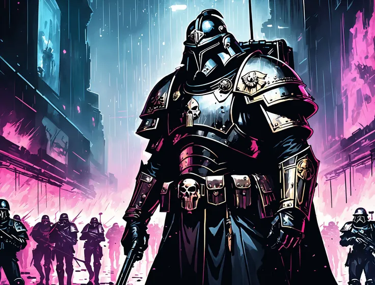 (VINCENZA), nighttime, cyberpunk city, dark, raining, neon lights , (<lora:A_Darkly_Scanner:0.5> ), cyberpunk, synthwave, 1980s, futurism, brutalism, neuromancer, cinematic photo in a gymnasium, leading a horde army, thousands of warriors, futuristic attire, future soldier, in wh40k, Warhammer 40,000, death korps of krieg, dkok, astra militarum, space marines, epic battle, only war, wearing huge pauldrons, WWI, trenches, dirt, battle,art by Agnes Cecile