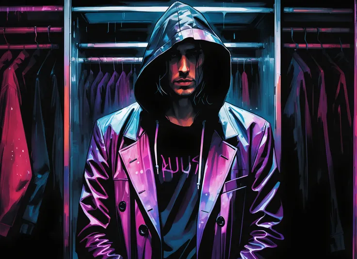 (JAUNITA), nighttime, cyberpunk city, dark, raining, neon lights ((,Wearing a blazer over a hoodie)), blazer, hoodie, (<lora:A_Darkly_Scanner:0.5> ), cyberpunk, synthwave, 1980s, futurism, brutalism, neuromancer, cinematic photo in a closet, art by Agnes Cecile,art by Jakub Rozalski, 1920+ Poland