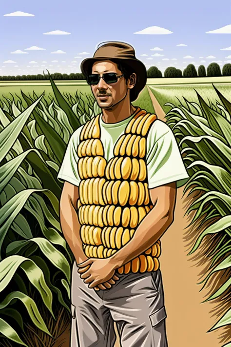 cell shading, drawing, a man standing in a field of corn