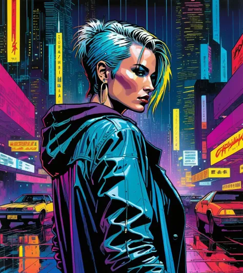 (Karen Mulder,a girl with a beautiful face), nighttime, cyberpunk city, dark, raining, neon lights, ((Wearing a blazer over a hoodie)), blazer, hoodie,(cyberpunk 2077 cityscape), (<lora:A_Darkly_Scanner:0.5> ,<lora:Cyber_Background_sdxl:0.5>), cyberpunk 2077, cyberpunk, synthwave, 1980s, futurism, brutalism, neuromancer, cinematic photo,, detailed hair, short hair, blue hair,art by enki bilal, art by philippe druillet, art by moebius, inspired by french comics art