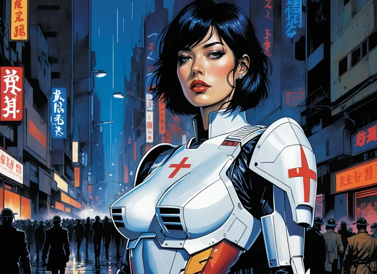 (a girl with a beautiful face), nighttime, cyberpunk city, dark, raining, neon lights , (<lora:A_Darkly_Scanner:0.5> ,<lora:sdxl_loha_RX78_v2:0.5> gundam\(rx78\), mobile suit, mecha armor, body suit ), cyberpunk, synthwave, 1980s, futurism, brutalism, neuromancer, cinematic photo in a street corner, art by Adrian Tomine,art by enki bilal, art by philippe druillet, art by moebius, inspired by french comics art,leading a horde army, thousands of warriors, futuristic attire, future soldier, in wh40k, Warhammer 40,000, death korps of krieg, dkok, astra militarum, space marines, epic battle, only war, wearing huge pauldrons, WWI, trenches, dirt, battle,((pinkfong baby shark)),art by Masamune Shirow, art by J.C. Leyendecker