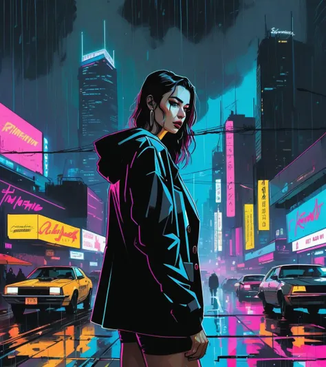 (Sophie Mudd,a girl with a beautiful face), nighttime, cyberpunk city, dark, raining, neon lights, ((Wearing a blazer over a hoodie)), blazer, hoodie,(cyberpunk 2077 cityscape), (<lora:A_Darkly_Scanner:0.5> ), cyberpunk 2077, cyberpunk, synthwave, 1980s, futurism, brutalism, neuromancer, cinematic photo,, art by Jakub Rozalski, 1920+ Poland,art by Adrian Tomine,(chains:.5),((art by Franz Xaver Winterhalter))
