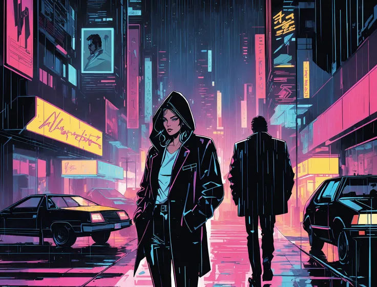 (VIVIAN), nighttime, cyberpunk city, dark, raining, neon lights ((,Wearing a blazer over a hoodie)), blazer, hoodie, (<lora:A_Darkly_Scanner:0.5> ,<lora:Syd Mead Style:0.5> Syd Mead Style), cyberpunk, synthwave, 1980s, futurism, brutalism, neuromancer, cinematic photo in France, art by Adrian Tomine,(super hero short cape)