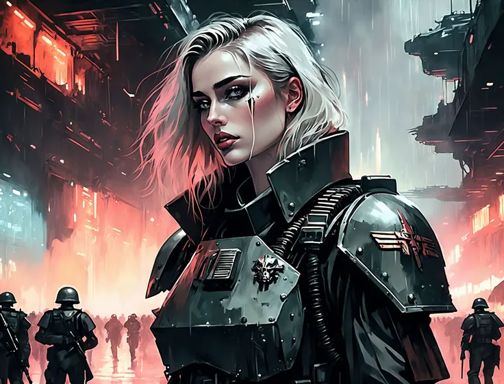 (a girl with a beautiful face), nighttime, cyberpunk city, dark, raining, neon lights , (<lora:A_Darkly_Scanner:0.5> ,<lora:Cyber_Background_sdxl:0.5>), cyberpunk, synthwave, 1980s, futurism, brutalism, neuromancer, cinematic photo in an aircraft hanger, leading a horde army, thousands of warriors, futuristic attire, future soldier, in wh40k, Warhammer 40,000, death korps of krieg, dkok, astra militarum, space marines, epic battle, only war, wearing huge pauldrons, WWI, trenches, dirt, battle,((art by Peter Rockwell)),(breasts), toned, fit, (21yo), a 25-year-old woman, detailed face, petite figure, detailed skin texture, pale skin, thigh gap,art by Agnes Cecile