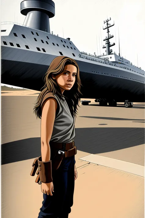 cell shading, drawing, a young girl standing in front of a star wars ship
