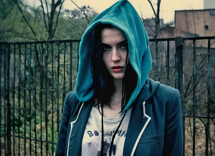 (MAGDA), nighttime, cyberpunk city, dark, raining, neon lights ((,Wearing a blazer over a hoodie)), blazer, hoodie, (<lora:cybergraphic_sdxl:0.5>,<lora:A_Darkly_Scanner:0.5> ), cyberpunk, synthwave, 1980s, futurism, brutalism, neuromancer, cinematic photo in a backyard, art by Adrian Tomine,(cleavage), toned, fit, (21yo), a 25-year-old woman, detailed face, petite figure, detailed skin texture, pale skin, thigh gap,analog, the contrast in colors and textures should be distinct highly detailed, surreal, vibrant yet slightly desaturated, faded film, desaturated, 35mm photo, grainy, vignette, vintage, Kodachrome, Lomography, stained, highly detailed, found footage,in a thick jungle,in a bombed out New York city street,detailed hair, incredibly long hair, blue hair