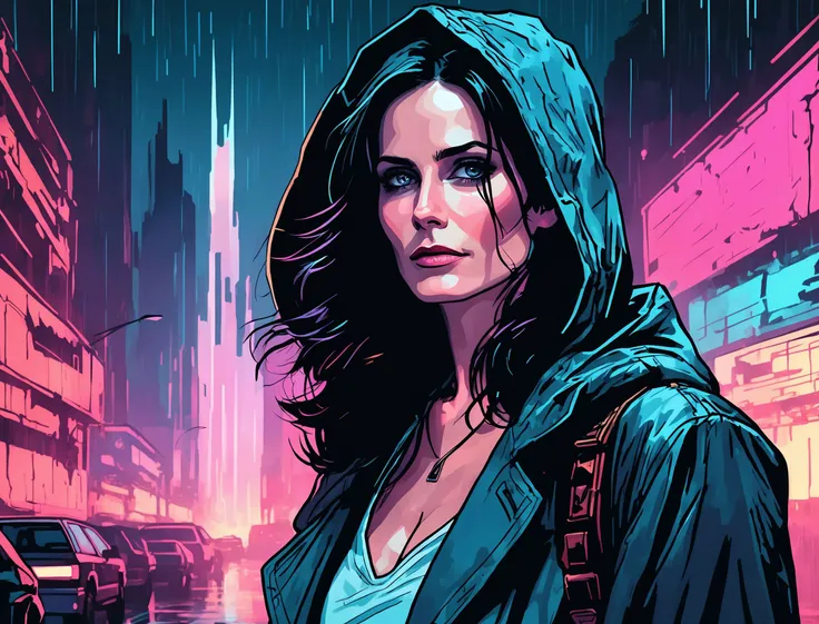 (Courteney Cox), nighttime, cyberpunk city, dark, raining, neon lights ((,Wearing a blazer over a hoodie)), blazer, hoodie, (<lora:A_Darkly_Scanner:0.5> ), cyberpunk, synthwave, 1980s, futurism, brutalism, neuromancer, cinematic photo in a command center, analog, the contrast in colors and textures should be distinct highly detailed, surreal, vibrant yet slightly desaturated, faded film, desaturated, 35mm photo, grainy, vignette, vintage, Kodachrome, Lomography, stained, highly detailed, found footage,(small breasts), toned, fit, (21yo), a 25-year-old woman, detailed face, petite figure, detailed skin texture, pale skin, thigh gap,Amid the ruins of a once-majestic fortress, a soldier pauses, her silhouette ghostly against the backdrop of shifting terrains that oscillate between detailed battle maps and molten landscapes, Tornado, Barren trees, Menacing,