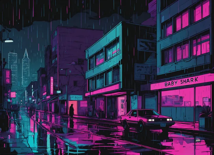 (SHAVONDA), nighttime, cyberpunk city, dark, raining, neon lights , (<lora:A_Darkly_Scanner:0.5> ), cyberpunk, synthwave, 1980s, futurism, brutalism, neuromancer, cinematic photo in Cambridge, ((pinkfong shark)),art by Antoine Le Nain, art by Antoine Verney-Carron,art by Adrian Tomine