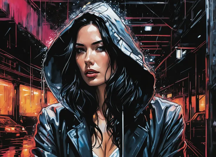(Olivia Munn), nighttime, cyberpunk city, dark, raining, neon lights ((,Wearing a blazer over a hoodie)), blazer, hoodie, (<lora:A_Darkly_Scanner:0.5> ), cyberpunk, synthwave, 1980s, futurism, brutalism, neuromancer, cinematic photo in a coal mine, art by Agnes Cecile,art by Antoine Le Nain, art by Antoine Verney-Carron,((art by Jacob Koninck)),art by Masamune Shirow, art by J.C. Leyendecker