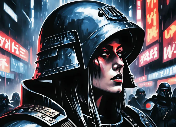 (a girl with a beautiful face), nighttime, cyberpunk city, dark, raining, neon lights , (<lora:cybergraphic_sdxl:0.5>,<lora:A_Darkly_Scanner:0.5> ), cyberpunk, synthwave, 1980s, futurism, brutalism, neuromancer, cinematic photo in beijing, looking away from the viewer,,art by Agnes Cecile,leading a horde army, thousands of warriors, futuristic attire, future soldier, in wh40k, Warhammer 40,000, death korps of krieg, dkok, astra militarum, space marines, epic battle, only war, wearing huge pauldrons, WWI, trenches, dirt, battle,leading a horde army, thousands of warriors