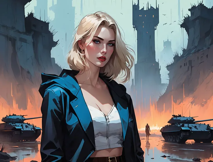 (CHARIS), nighttime, cyberpunk city, dark, raining, neon lights ((,Wearing a blazer over a hoodie)), blazer, hoodie, (<lora:A_Darkly_Scanner:0.5> ), cyberpunk, synthwave, 1980s, futurism, brutalism, neuromancer, cinematic photo in los angeles, Amid the ruins of a once-majestic fortress, a soldier pauses, her silhouette ghostly against the backdrop of shifting terrains that oscillate between detailed battle maps and molten landscapes, Tornado, Barren trees, Menacing,,by Jakub Rozalski, 1920+, poland, in 1920s Poland, world war 1, WWI, tanks, mechs, wheat fields,(huge breasts), toned, fit, (21yo), a 25-year-old woman, detailed face, petite figure, detailed skin texture, pale skin, thigh gap,Power girl, supergirl, blonde