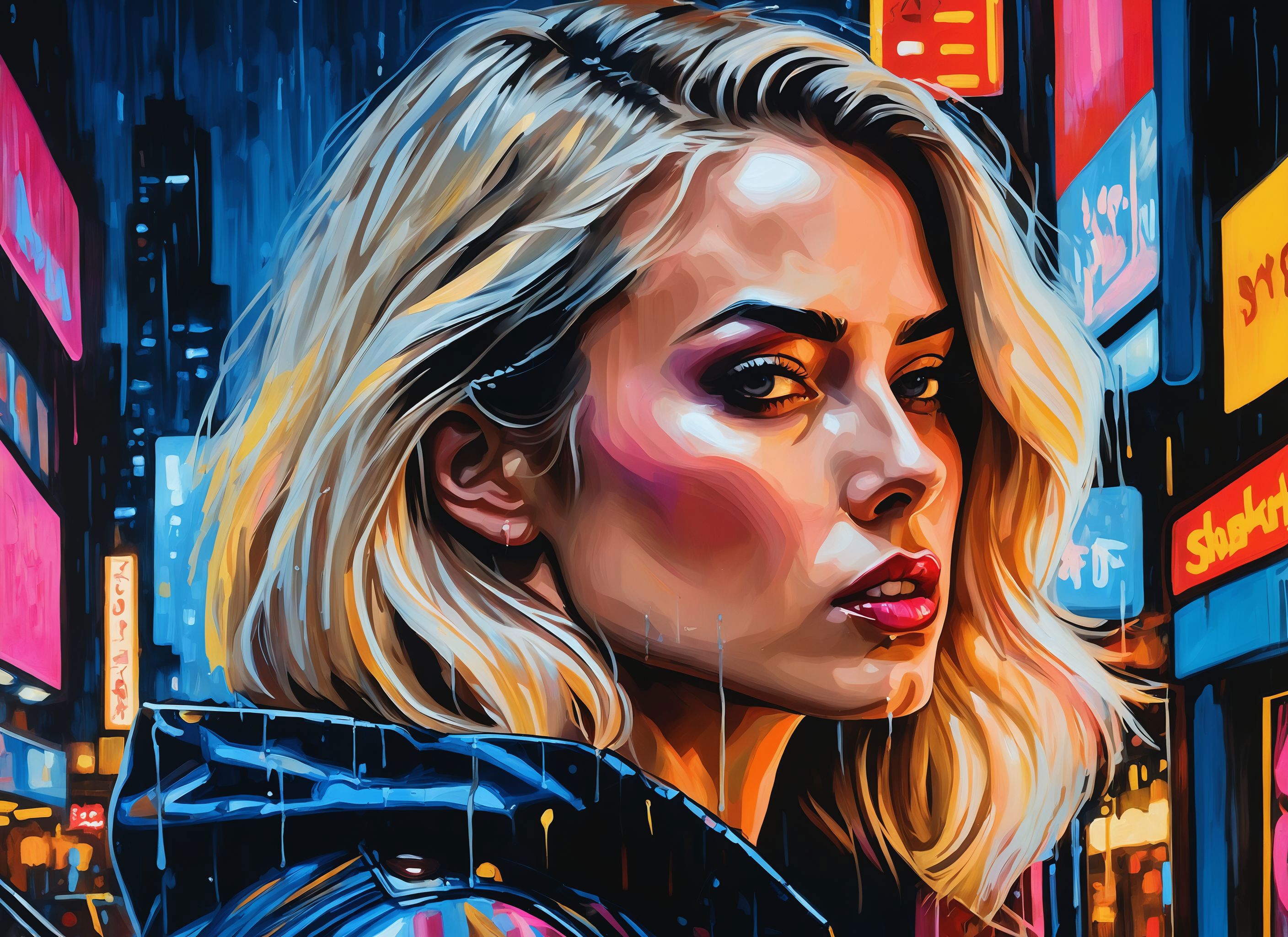 A painting of a woman in a black jacket standing in the rain - SeaArt AI