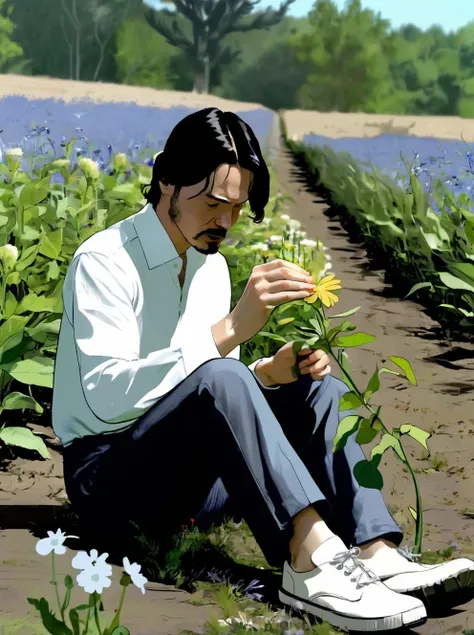 Bob_Arctor , taking a flower with his hand, with new-path suite, in a field , solo, shirt, black hair, long sleeves, 1boy, sitting, closed eyes, white shirt, flower, male focus, outdoors, shoes, pants, black footwear, profile, leaf, plant, blue flower, white pants, wide shot , FROM A DARKLY SCANNER MOVIE , <lora:A_Darkly_Scanner:0.7>