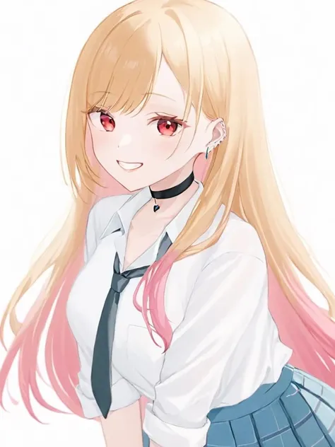 <lora:haimeng:1>,1girl,solo,kitagawa_marin,long_hair,red_eyes,blonde_hair,necktie,shirt,skirt,smile,school_uniform,choker,jewelry,white_shirt,tied_shirt,white_background,pleated_skirt,looking_at_viewer,bangs,blue_skirt,black_choker,multicolored_hair,bracelet,collared_shirt,earrings,piercing,pink_hair,gradient_hair,plaid,