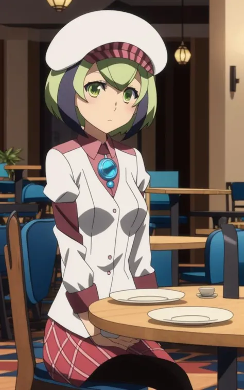 miyu, a woman, light green cybernetic eyes, short light green hair, two purple bangs at the front, light green coil oulet in the middle of a chest, main outfit, sitting at a table in restaurant, 8k, Unreal Engine 5, octane render, by kyun, gamang, Yoon Gon-Ji, g.ho, gosonjak, shuroop, serious, domi, noah, LeeDooL, alien, MinaZzang, Saint, Jjongi, trending on pixiv, fanbox, skeb, masterpiece, smooth soft skin, big dreamy eyes, beautiful intricate colored hair, symmetrical, anime wide eyes, soft lighting, concept art, digital painting, <lora:miyu:0.7>