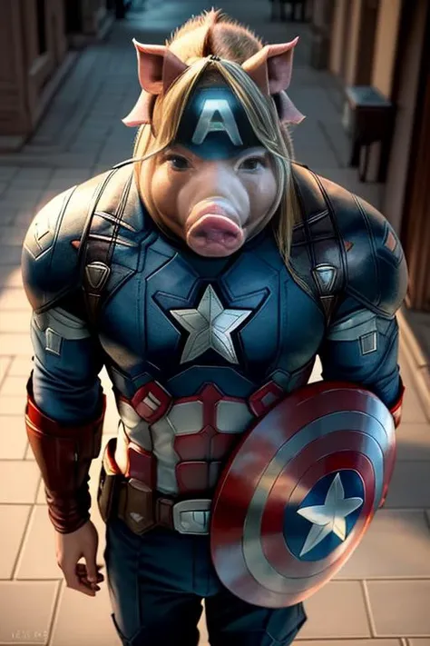 ((low contrast)) ,animalrizz <lora:animal_model:0.5> ((((pig)))) (Captain America:1.3), Blonde hair, solo focus, muscular, (((Blue suit))), Helmet, Blue eyes, Avengers logo, Cityscape, Super soldier, Patriotism,{{{Master piece:1.3}}}, {{{realistic}}}, {{cinematic lighting}}, {{{perfect anatomy:1.3}}, handsome man, {{extremely detailed}}}, long eyelashes, {{perfect face}}, {{perfect eyes}} refined, {soft lighting}, {{cool}}, (detailed body),(Masterpiece)),(((best quality))), ( full body: 1.4), good anatomy, short hair, heroic features, tall, fit, large chest,((highly detailed features)), (((very detailed face))), noble features, intricate, (depth of field), dynamic lighting, highly detailed body, detailed features, 4k, textured, 1 man, looking at viewer, Captain America logo, Star on his chest, Red and white stripes on his suit, Dark night sky, Moonlight, New York City, Heroic, Brave