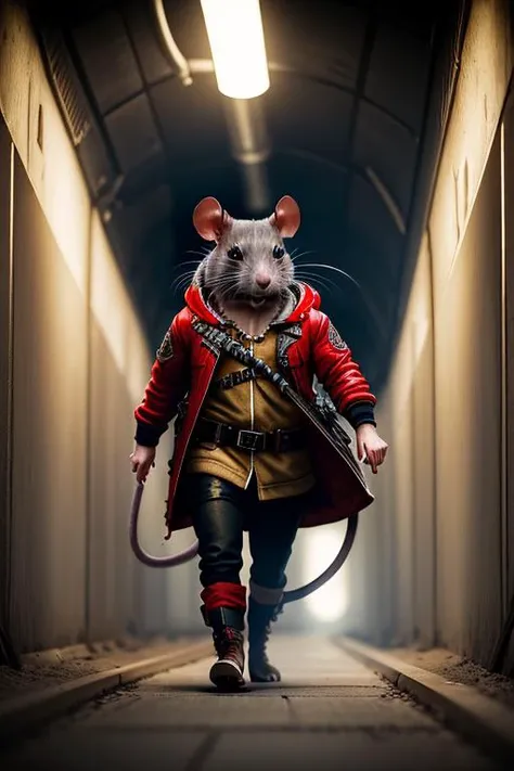 animalrizz   <lora:animal_model:0.5> ((rat))  walking in a (tunnel:1.1), wearing a red-bomberjacket and (leggings:1.1), (dark:1.3), (8k, RAW photo, best quality, ultra high res, masterpiece, ultra-detailed, Unreal Engine)