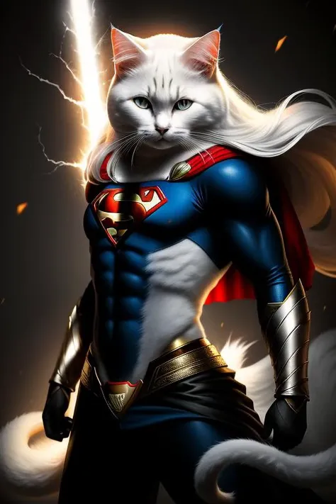 animalrizz <lora:animal_model:0.55> an white cat solo, very long hair, black eyes, dynamic pose, masterpiece, absurdres, perfect anatomy, Superman's uniform:1.1, Moderate hips, cinematic lighting, 8k, best quality,bust body , (((low contrast)))