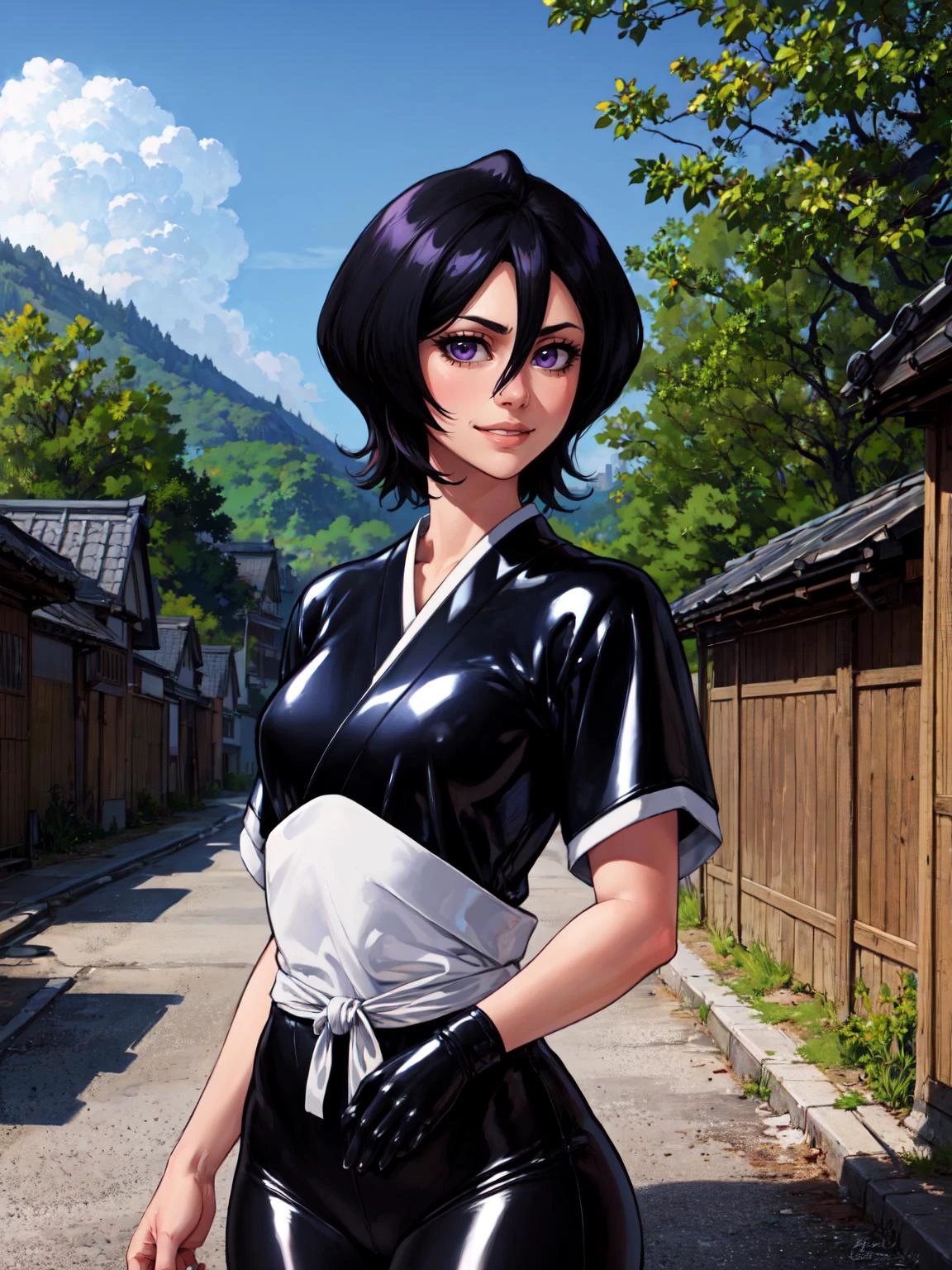 (masterpiece:1.2), (best quality:1.2), sharp focus, (8k), beautiful, high quality, (highres:1.1), detailed, extremely detailed 4K, extremely detailed, intricate, hyper detailed, illustration, soft lighting, high resolution, sharp detail, perfect lighting, <lora:tool_addDetail:0.25>,
perfect eyes, perfect face, (1girl, solo, adult female, mature female), (realistic skin texture),
<lora:style_tesomuLatex:0.6> tesomu, latex,
<lora:character_kuchikiRukia:1.0> kuchiki_rukia, black hair, purple eyes, (petite:1.3), (short:1.4),
looking at viewer, smirk, (smug:1.2), (smile:1.2),
(skin tight) black latex kimono, blue sky, sunny, (japanese village background:1.2), sexy pose, small breasts, cowboy shot,