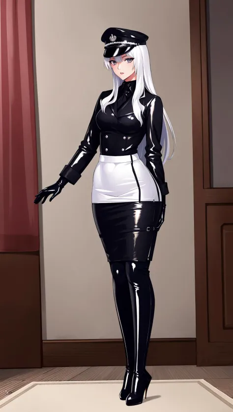 illustration, 1girl wearing black latex uniform, tall female, tally, mature female,
silver hair, long hair, straight hair, silver eyes, breasts, medium bangs,
latex, black military uniform, peaked cap, (latex gloves:1.2), long sleeves, high heel boots, latex legwear, (long skirt:1.2),
indoors, hotel room, standing, reaching out,
shiny sissy luxury latex dress for doll,
masterpiece, best quality, ultra detailed, high quality, perfect anatomy, solo, contemporary,
detailed face, detailed eyes, detailed hair, <lora:tesomu-7-epoch-color:0.8>