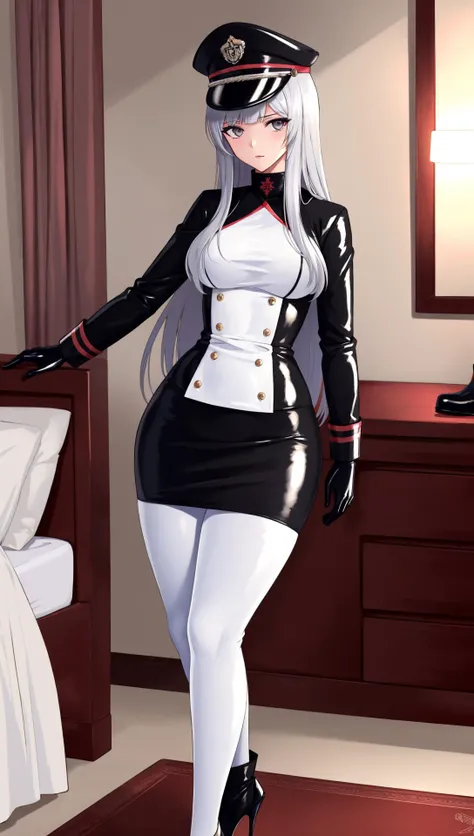 illustration, 1girl wearing black latex uniform, tall female, tally, mature female,
silver hair, long hair, straight hair, silver eyes, breasts, medium bangs,
latex, black military uniform, peaked cap, (latex gloves:1.2), long sleeves, high heel boots, latex legwear, (long skirt:1.2),
indoors, hotel room, standing, reaching out,
shiny sissy luxury latex dress for doll,
masterpiece, best quality, ultra detailed, high quality, perfect anatomy, solo, contemporary,
detailed face, detailed eyes, detailed hair, <lora:tesomu-7-epoch-color:0.8>