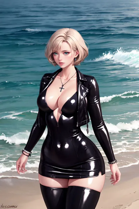 latex, tesomu, 1girl, narrow waist, skinny, large breasts, multicolored hair, brown buzzcut, hime cut, green eyes, black latex dress, latex cropped jacket, cross necklace, latex thighhighs, makeup, long eyelashes, jewelry, beach, ocean, waves, island, cowboy shot, standing, straight-on, anime style, realistic skin texture, detailed background, beautiful and detailed artwork, <lora:add_detail:0.6> <lora:tesomu-7-epoch-color:0.8>