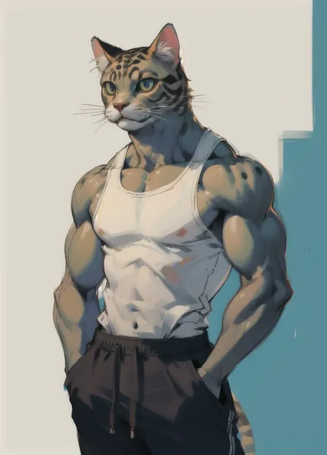 muscular, pectorals, solo, tank top, (hand in pocket), (track pants:1.1), (anthropomorphic cat:1.2), (cat:1.2), furry, <lora:Tanktop_Frog-06:0.7>