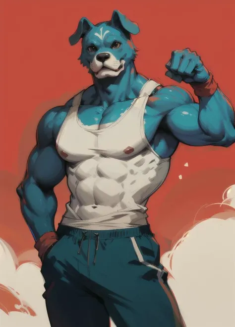 muscular, muscular male, pectorals, solo, tank top, (hand in pocket), (track pants:1.1), clenched hand, closed fist, anthropomorphic dog, dog, colored skin, furry, <lora:Tanktop_Frog-06:0.5>