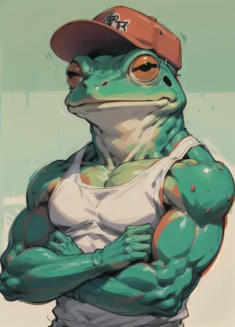 muscular, muscular male, pectorals, solo, tank top, anthropomorphic frog, frog, colored skin, furry, baseball cap, skinny, squinting, crossed arms, rough_skin, smile, <lora:Tanktop_Frog-08:0.75>