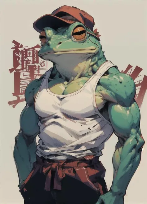 muscular, muscular male, pectorals, solo, tank top, anthropomorphic frog, frog, colored skin, furry, baseball cap, jacket, <lora:Tanktop_Frog-08:1>