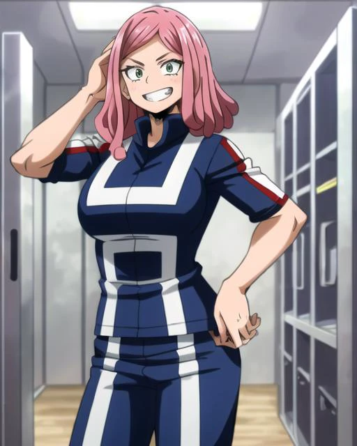 ((best quality)), ((highly detailed)), masterpiece, detailed face, beautiful face, (detailed eyes, deep eyes), (1girl), cowboy shot, <lora:hatsumeMeiMyHero_v10:.75>, hatsume mei(MHA), pink hair, yellow eyes, symbol-shaped pupils, crosshair pupils, grin, (muscular female), large breasts, <lora:my_hero_academia_gym_uniform:.6>, my_hero_academia_gym_uniform, blue uniform, pants, inside, in a locker room