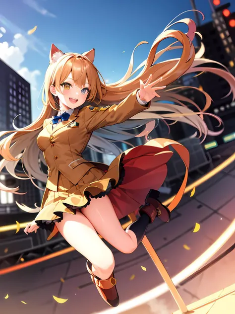 KAWAII cat girl. smile. Wood Brown uniform, visible panty.
highlights hair ,
Extra Long hair,
yellow eye,
pale skin.
mini skirt, jumping on a stage made of ice, dynamic pose. futuristic town, park, Bluesky, wind, sunshine, best quality. ultra detailed.