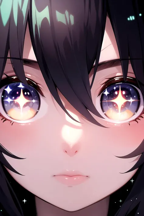 (masterpiece, best quality:1.5), (close-up:1.3), (solo:1.1), portrait of a girl, (detailed glowing eyes:1.25), cinematic light, cinematic shadows, cinematic reflections, intricate details, sparkles, horny, deep space background
