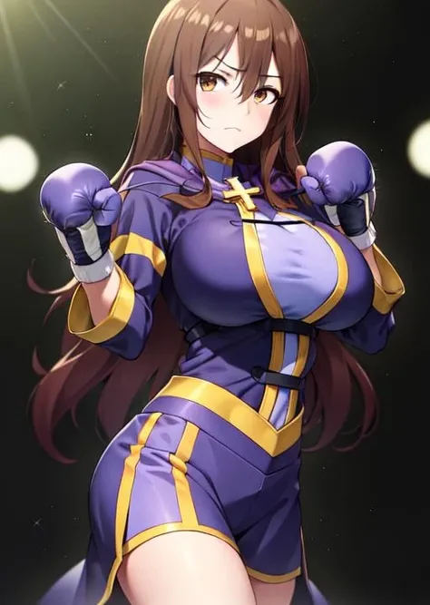 <lora:WizKonosubaLora:0.7>, brown hair, brown eyes, shouting, long hair, raised fist, hitting the spectator, angrym looking at viewer, large breasts, wizkonosuba, sleeves, (boxing gloves:1.2), red boxing glove, cross, (robe:1.2), full dress, 1girl, boxing arena, Wiz, arms spread, hands apart, 1 girl, 20yo, Beautiful long legs, Beautiful body, Beautiful Nose, Beautiful character design, perfect eyes, perfect face, looking at viewer, (innocent_big_eyes:1.0),(Light_smile:0.3),official art, extremely detailed CG unity 8k wallpaper, perfect lighting, Colorful, Bright_Front_face_Lighting, (masterpiece:1.0), (best_quality:1.0), ultra high res, 4K,ultra-detailed, photography, 8K, HDR, highres, absurdres:1.2, Kodak portra 400 , film grain, blurry background, bokeh:1.2, lens flare, (vibrant_color:1.2), (beautiful_face:1.5)