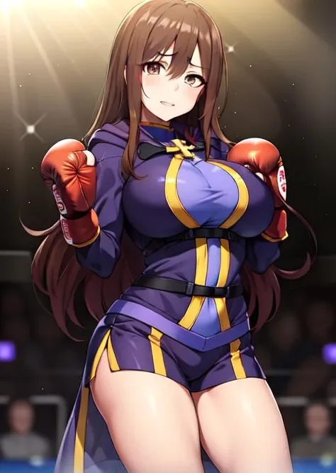 <lora:WizKonosubaLora:0.7>, brown hair, brown eyes, shouting, long hair, raised fist, hitting the spectator, angrym looking at viewer, large breasts, wizkonosuba, sleeves, (boxing gloves:1.2), red boxing glove, cross, (robe:1.2), full dress, 1girl, boxing arena, Wiz, arms spread, hands apart, 1 girl, 20yo, Beautiful long legs, Beautiful body, Beautiful Nose, Beautiful character design, perfect eyes, perfect face, looking at viewer, (innocent_big_eyes:1.0),(Light_smile:0.3),official art, extremely detailed CG unity 8k wallpaper, perfect lighting, Colorful, Bright_Front_face_Lighting, (masterpiece:1.0), (best_quality:1.0), ultra high res, 4K,ultra-detailed, photography, 8K, HDR, highres, absurdres:1.2, Kodak portra 400 , film grain, blurry background, bokeh:1.2, lens flare, (vibrant_color:1.2), (beautiful_face:1.5)