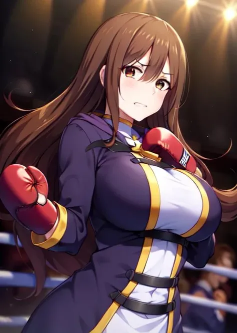 <lora:WizKonosubaLora:0.7>, brown hair, brown eyes, shouting, long hair, raised fist, hitting the spectator, angrym looking at viewer, large breasts, wizkonosuba, sleeves, (boxing gloves:1.2), red boxing glove, cross, (robe:1.2), full dress, 1girl, boxing arena, Wiz, arms spread, hands apart, 1 girl, 20yo, Beautiful long legs, Beautiful body, Beautiful Nose, Beautiful character design, perfect eyes, perfect face, looking at viewer, (innocent_big_eyes:1.0),(Light_smile:0.3),official art, extremely detailed CG unity 8k wallpaper, perfect lighting, Colorful, Bright_Front_face_Lighting, (masterpiece:1.0), (best_quality:1.0), ultra high res, 4K,ultra-detailed, photography, 8K, HDR, highres, absurdres:1.2, Kodak portra 400 , film grain, blurry background, bokeh:1.2, lens flare, (vibrant_color:1.2), (beautiful_face:1.5), long sleeves,
