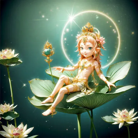(1boy,chibi,smirk , pusa,sitting),water,lous,lily pad,necklace,anklet,holding,lotus,jewelry,flower,crown,<lora:add_detail:2>,<lora:yuzu2:0.7>, <lora:pusav10:0.687>
