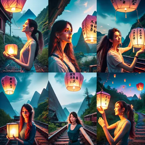 (otherworldly, otherworldly atmosphere, otherworldly appearance), highly insanely detailed, masterpiece, top quality, best quality, highres, 4k, 8k, RAW photo, ((ancient egyptian theme:1.2)), 
(mystical theme), mystical gatmosphere, arcane sanctuaries, otherwordly aura, 
(long_hair, long hair, random colors hair, glowing hair, hair over one eye, long messy hair), 
(eyelashes, eyeliner, eyeshadow, eyelashes, long eyelashes), 
collar, earrings, jewelry, necklace, armlet, 
tentacle, (underwater), nsfw, 
Homestay, Resort, Guest House, 
building, structure, still life, swirling energy, 
action pose, 
drunk, closed eyes, 
abandoned building, shopping mall, overgrown with vegetation, [volumetric fog], cinematic lighting, colorful, 
(((from side))), (((colorfully sky lantern with chinese word))), (((hands close to fire))), (((railway))), raise head, arms up, suspender skirt, tourists, night, river, bridge, mount, greenery, low house, solo, 1girl, ((big tits)), ((bracelet)), ((blonde twintails)), hairclip, ribbon, sweat, open mouth, daze, shy, blush, slim figure, thighhigh, <lora:girllikeskylantern:0.8>, (fantasy world)