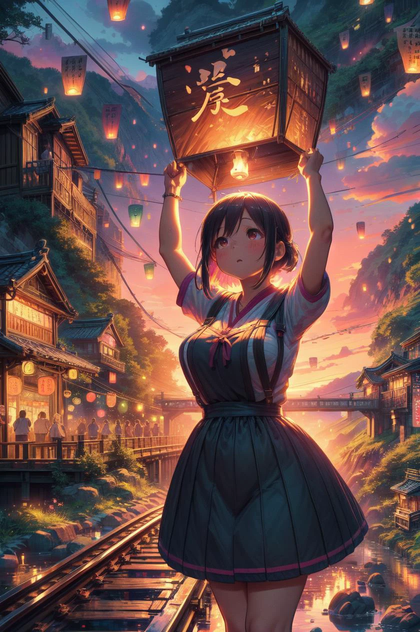 detailed illustration, of a mature chubby woman, raise head, arms up, suspender skirt, colorful sky lantern with chinese word, hands close to fire, railway bridge, outdoors, tourists, twilight, river, mount, greenery, low house, cinematic lighting, hires, volumetric lighting, highly detailed background, masterpiece, <lora:add_detail:0.5> <lora:hairdetailer:0.5> <lora:girllikecolorfulskylantern:0.8>