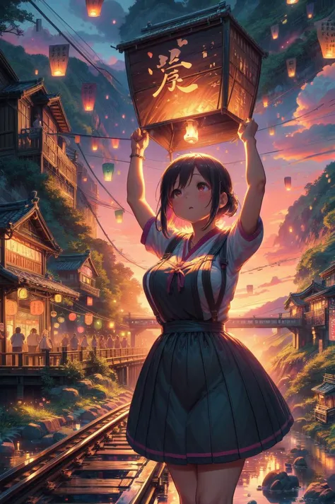 detailed illustration, of a mature chubby woman, raise head, arms up, suspender skirt, colorful sky lantern with chinese word, hands close to fire, railway bridge, outdoors, tourists, twilight, river, mount, greenery, low house, cinematic lighting, hires, volumetric lighting, highly detailed background, masterpiece, <lora:add_detail:0.5> <lora:hairdetailer:0.5> <lora:girllikecolorfulskylantern:0.8>