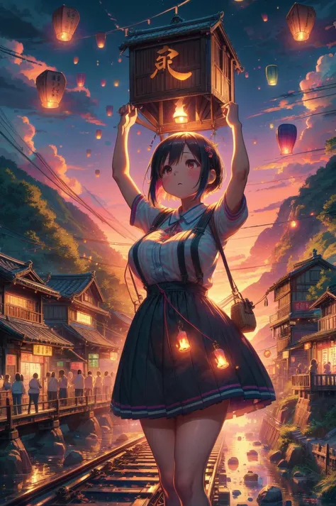 detailed illustration, of a mature chubby woman, raise head, arms up, suspender skirt, colorful sky lantern with chinese word, hands close to fire, railway bridge, outdoors, tourists, twilight, river, mount, greenery, low house, cinematic lighting, hires, volumetric lighting, highly detailed background, masterpiece, <lora:add_detail:0.5> <lora:hairdetailer:0.5> <lora:girllikecolorfulskylantern:0.8>