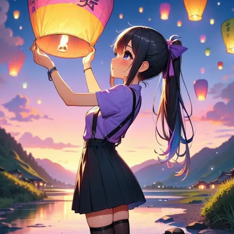 (((masterpiece))), (((best quality))), (((from behind))), (((from side))), (((colorful sky lantern with chinese word))), ((hands close to fire)), ((standing on roadside)), ((storefront)), ((raise head)), ((arms up)), (((cyan shirt))) ((suspender skirt)), ((tourists)), ((twilight)), ((hillside)), ((lake)), ((mount)), greenery, low house, solo, 1girl, (((big tits))), ((bracelet)), ((gray ponytail)), hairclip, ribbon, sweat, daze, shy, blush, slim figure, thighhigh, stockings, leather shoes, raining, <lora:girllikecolorfulskylantern:1>