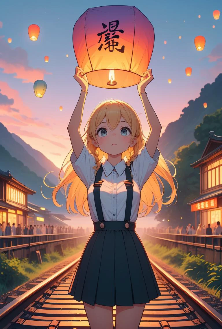(masterpiece, best quality), 1girl, Sandy Blonde Faux Hawk Braid with Colored Extensions, tiny breasts, <lora:girllikecolorfulskylantern:0.8> colorful sky lantern with chinese word, hands close to fire, railway bridge, raise head, arms up, suspender skirt, tourists, twilight, river, mount, greenery, low house