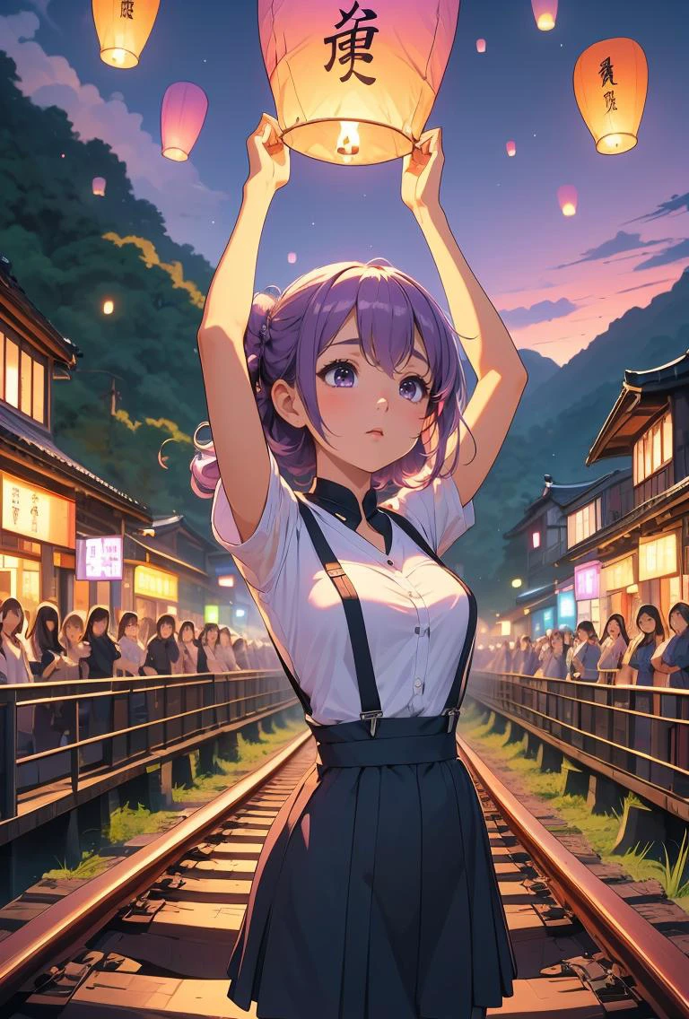 (masterpiece, best quality), 1girl, Lilac purple Voluminous Curly Updo with Hair Vine, Size B breasts, <lora:girllikecolorfulskylantern:0.8> colorful sky lantern with chinese word, hands close to fire, railway bridge, raise head, arms up, suspender skirt, tourists, twilight, river, mount, greenery, low house