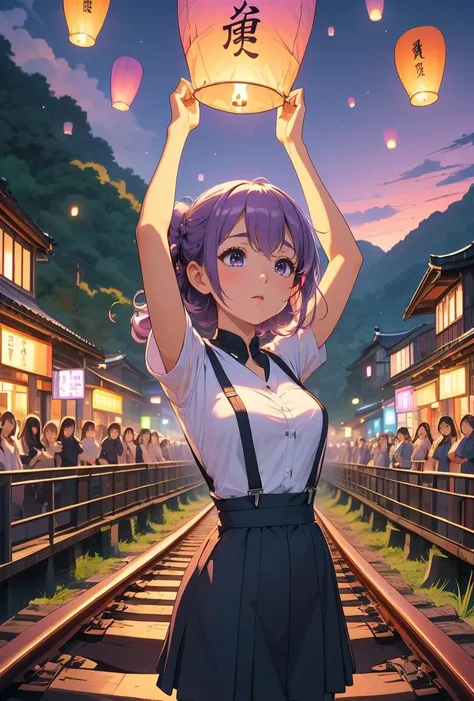 (masterpiece, best quality), 1girl,   Lilac purple Voluminous Curly Updo with Hair Vine, Size B breasts,     <lora:girllikecolorfulskylantern:0.8> colorful sky lantern with chinese word, hands close to fire, railway bridge, raise head, arms up, suspender skirt, tourists, twilight, river, mount, greenery, low house