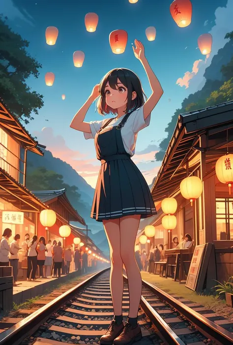 (masterpiece, best quality), 1girl,  <lora:girllikeskylantern:0.8> colorfully sky lantern with chinese word, hands close to fire, railway, raise head, arms up, suspender skirt, tourists, night, river, bridge, mount, greenery, low house